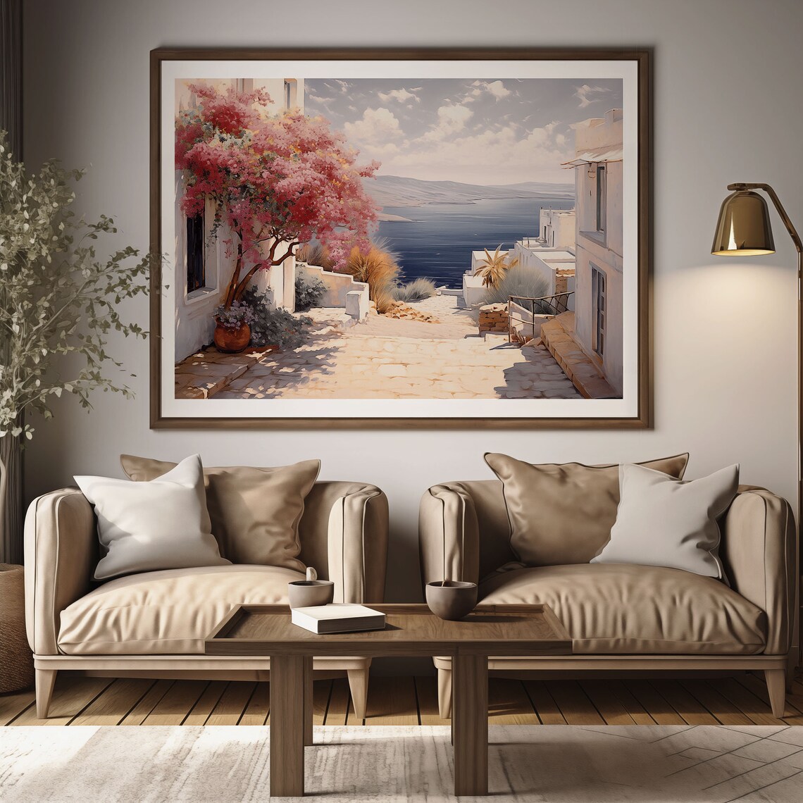 Whitewashed Village Street Sea View Pink Blossom Tree Oil Painting Poster - Image 2