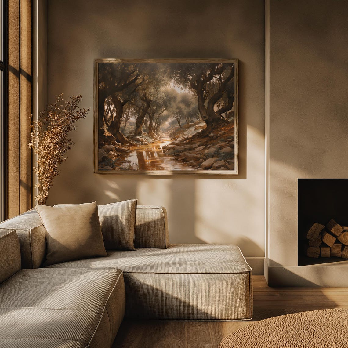 Serene Olive Grove With Reflective Stream Peaceful Mediterranean Landscape Rustic Nature Wall Art Warm Countryside Home Decor - Image 3
