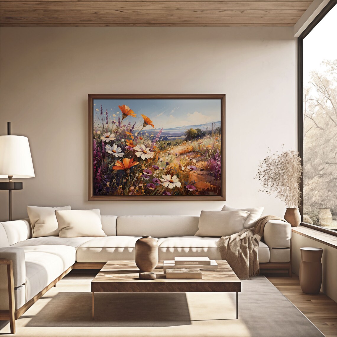 Orange Poppy Daisy Wildflower Field Sea View Oil Painting Poster - Image 4