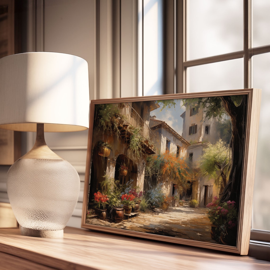 Old Italian Village Alley Flower Pots Sunlit Street Oil Painting Poster - Image 3