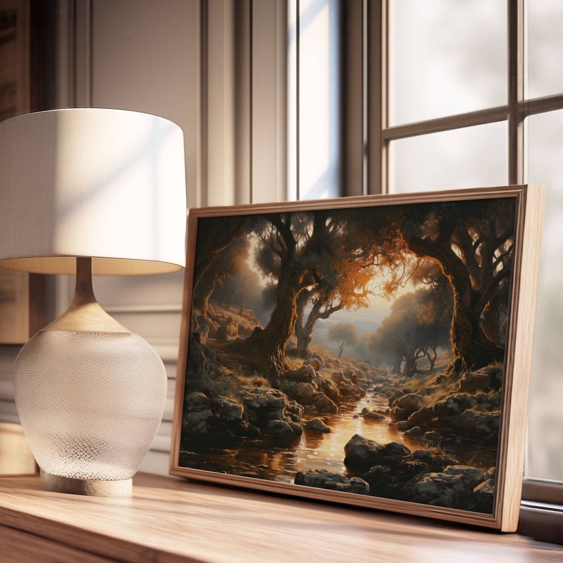 Golden Hour Creek Through Ancient Oak Trees Oil Painting Poster - Image 3
