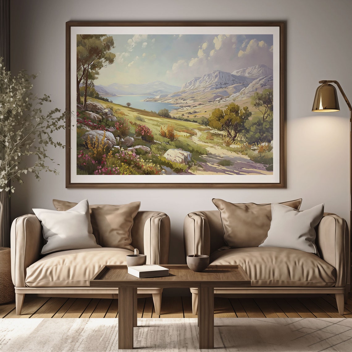 Hillside Wildflower Lake Painting Rocky Mountain Blue Shore Poster - Image 3