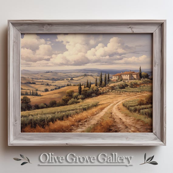 Tuscan Countryside Painting Rolling Hills Rustic Farmhouse Italian Landscape Art Scenic Nature Wall Art For Home Decor