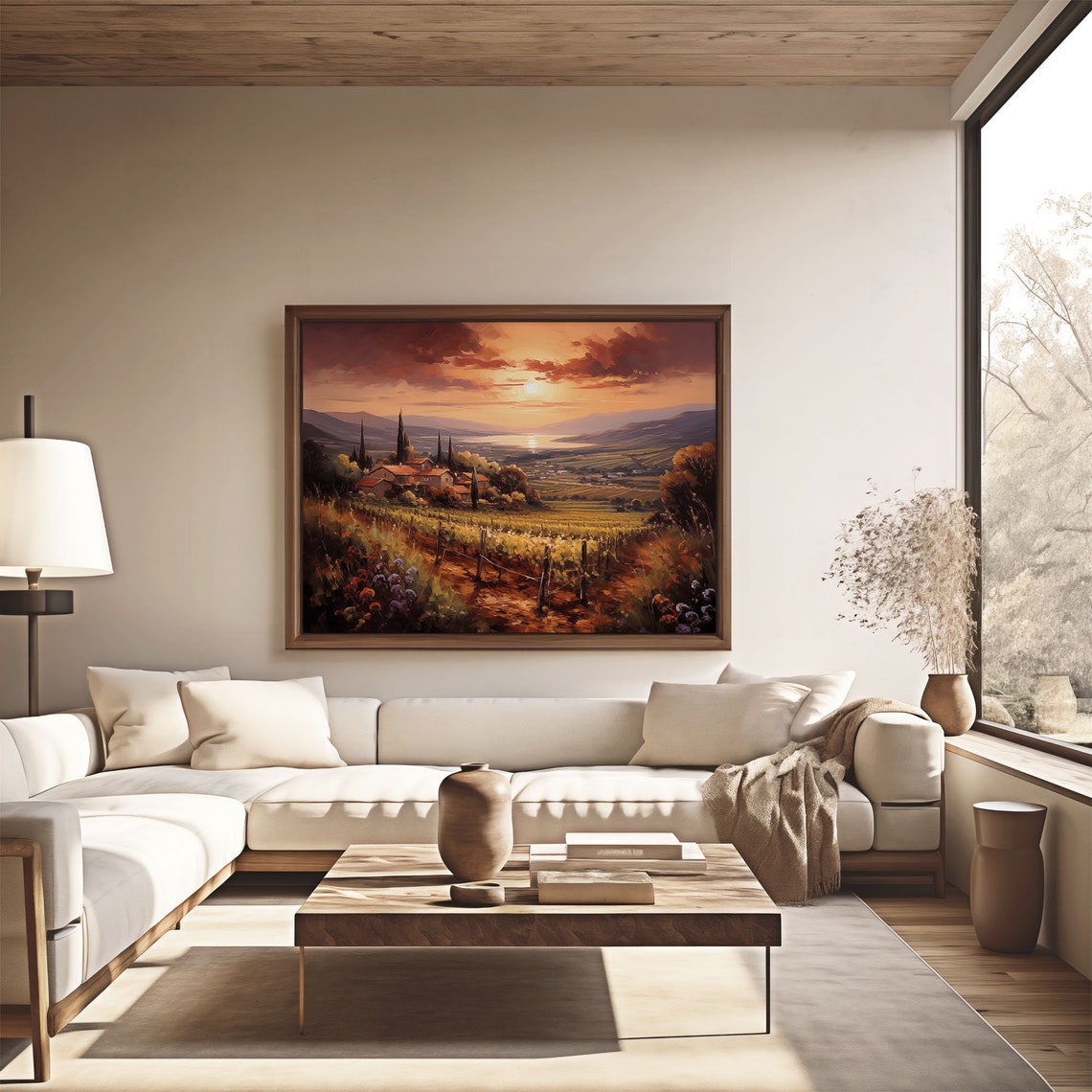 Tuscan Sunset Vineyard Hill Town Cypress Trees Oil Painting Poster - Image 4