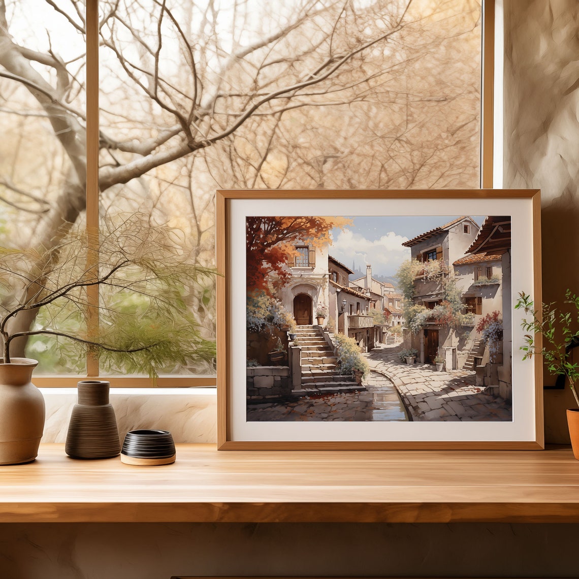 Sunlit Old Town Lane with Stone Steps Oil Painting Style Poster - Image 4