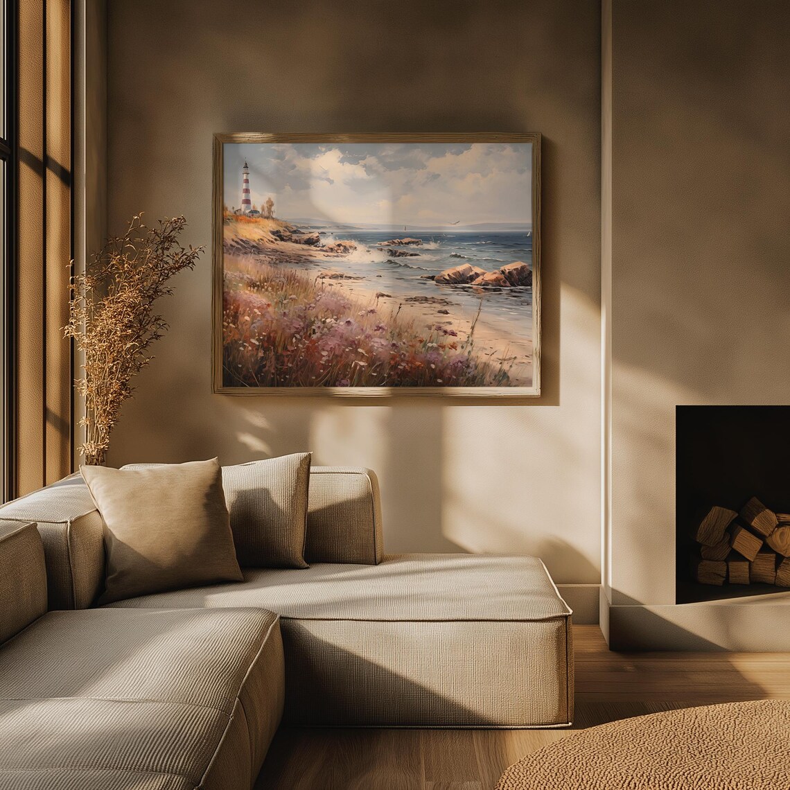 Lighthouse Rocky Coast Waves Striped Tower Seascape Oil Painting Poster - Image 2