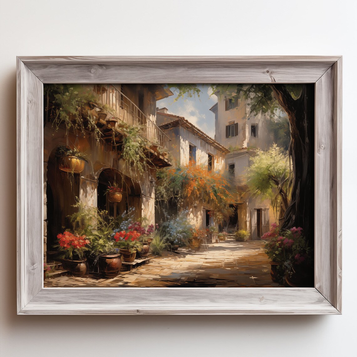 Old Italian Village Alley Flower Pots Sunlit Street Oil Painting Poster