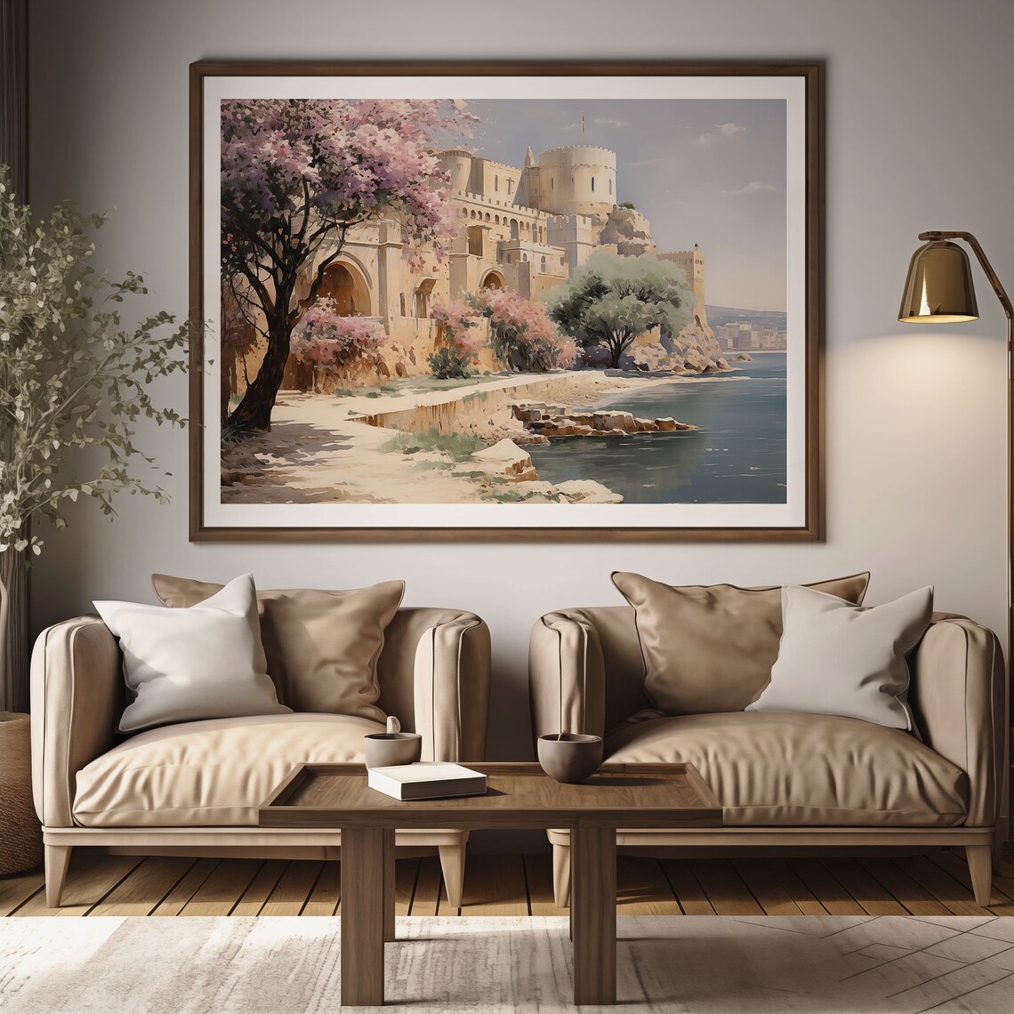 Historic Seaside Castle with Pink Blossom Trees Oil Painting Poster - Image 2