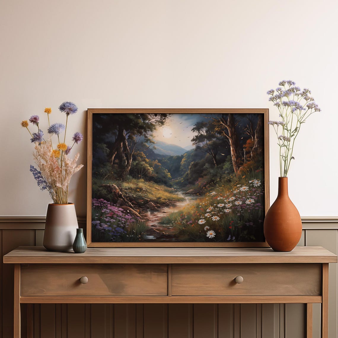 Morning Forest Clearing Stream Daisy Meadow Oil Painting Poster - Image 3