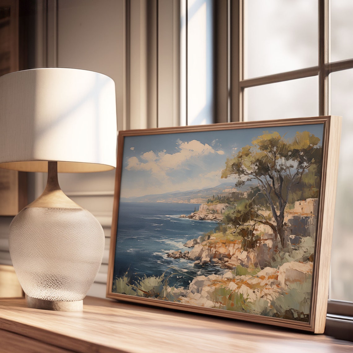 Rocky Coastal Cliffs Windswept Tree Blue Sea Oil Painting Poster - Image 3