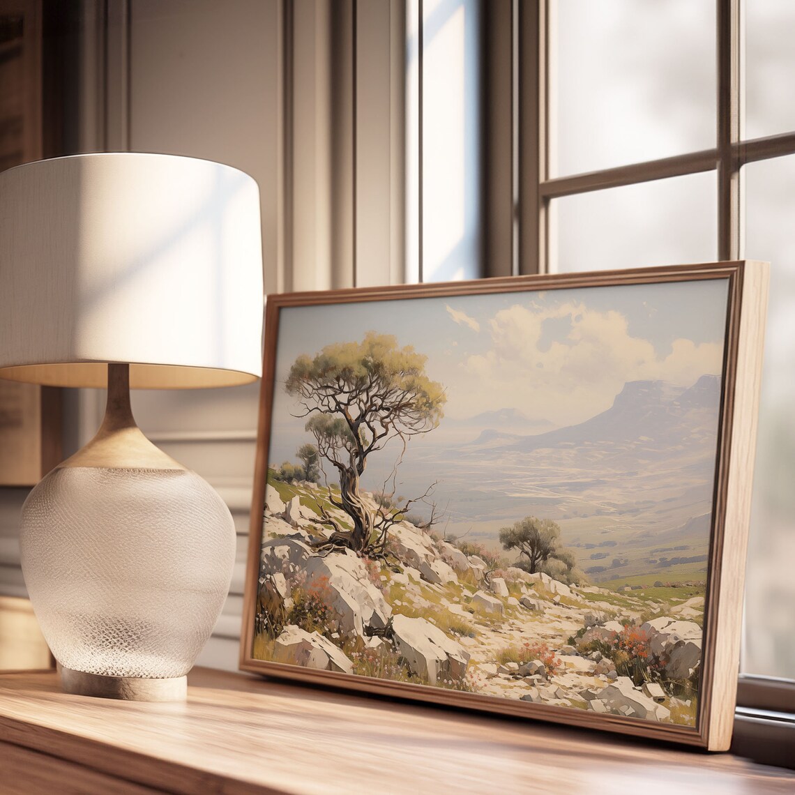 Windswept Tree on Rocky Hill Overlooking the Valley Oil Painting Poster - Image 3