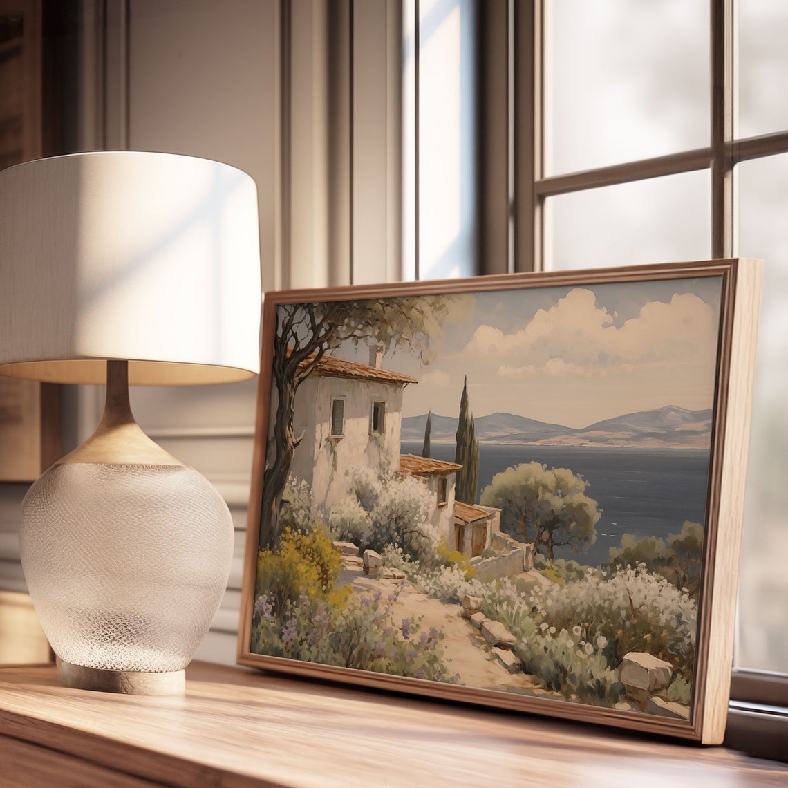 Rustic Farmhouse with Cypress Trees Above the Sea Oil Painting Poster - Image 3