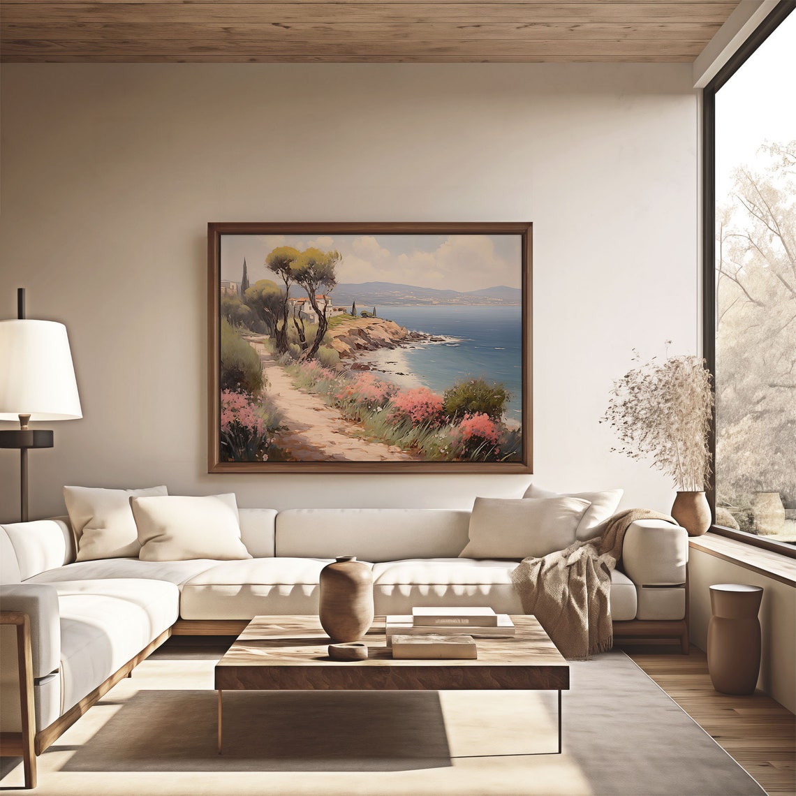Flower Lined Cliff Path with Pine Trees and Villa Oil Painting Poster - Image 4