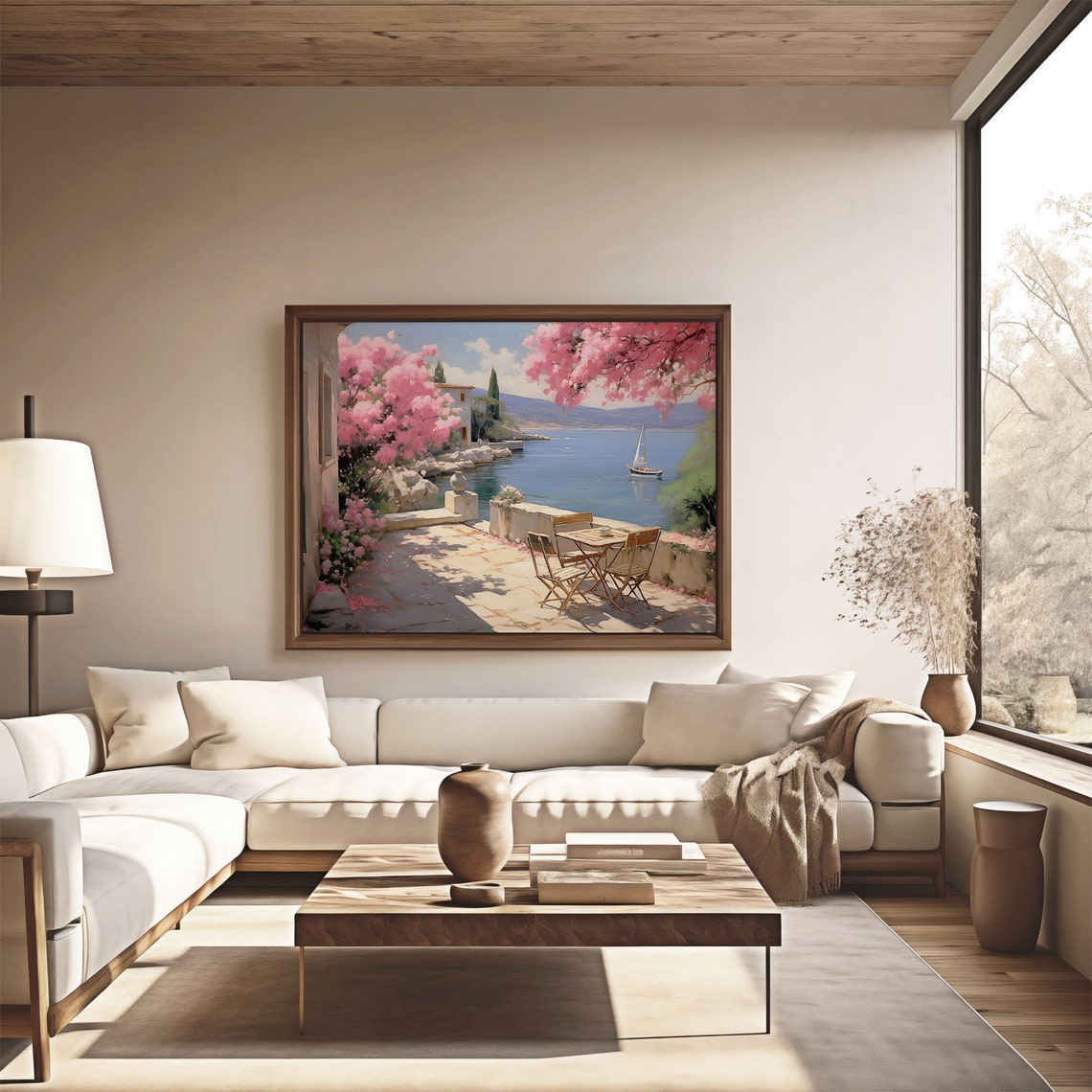 Seaside Terrace With Pink Bougainvillea Sailboat On Blue Sea Poster - Image 4