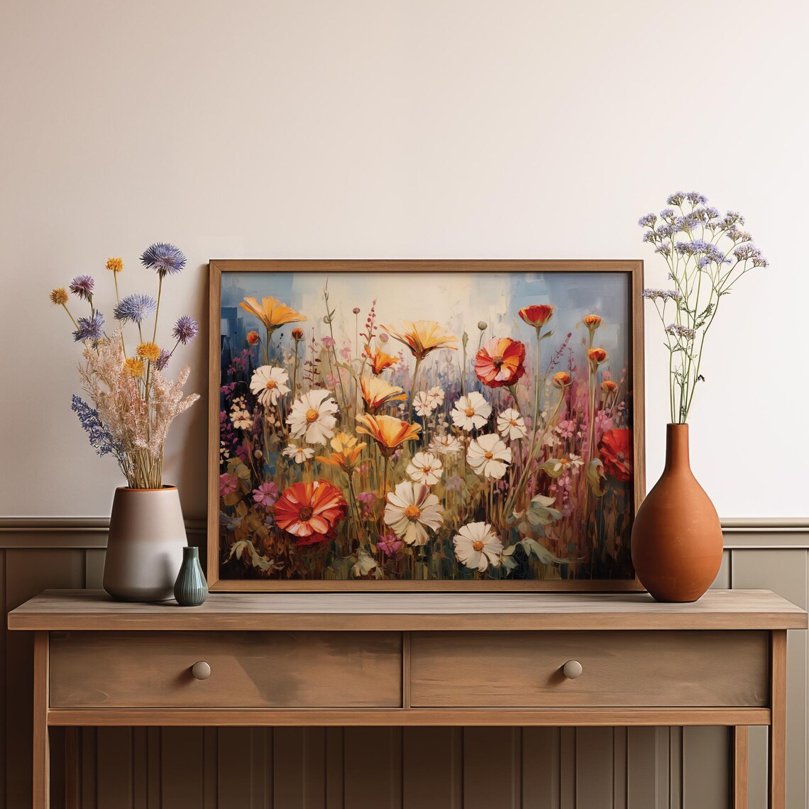 Wildflower Field White Daisies Yellow Blossoms Sky Oil Painting Poster - Image 3