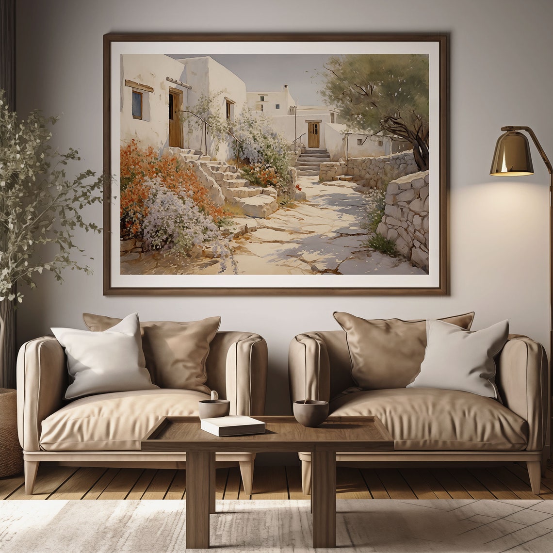 Greek Village Alley Painting Whitewashed Steps Flower Bougain Poster - Image 3