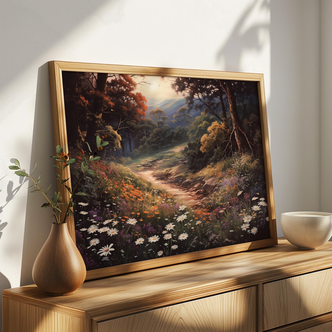 Daisy Filled Woodland Meadow Path At Sunset Vintage Landscape Poster - Image 3
