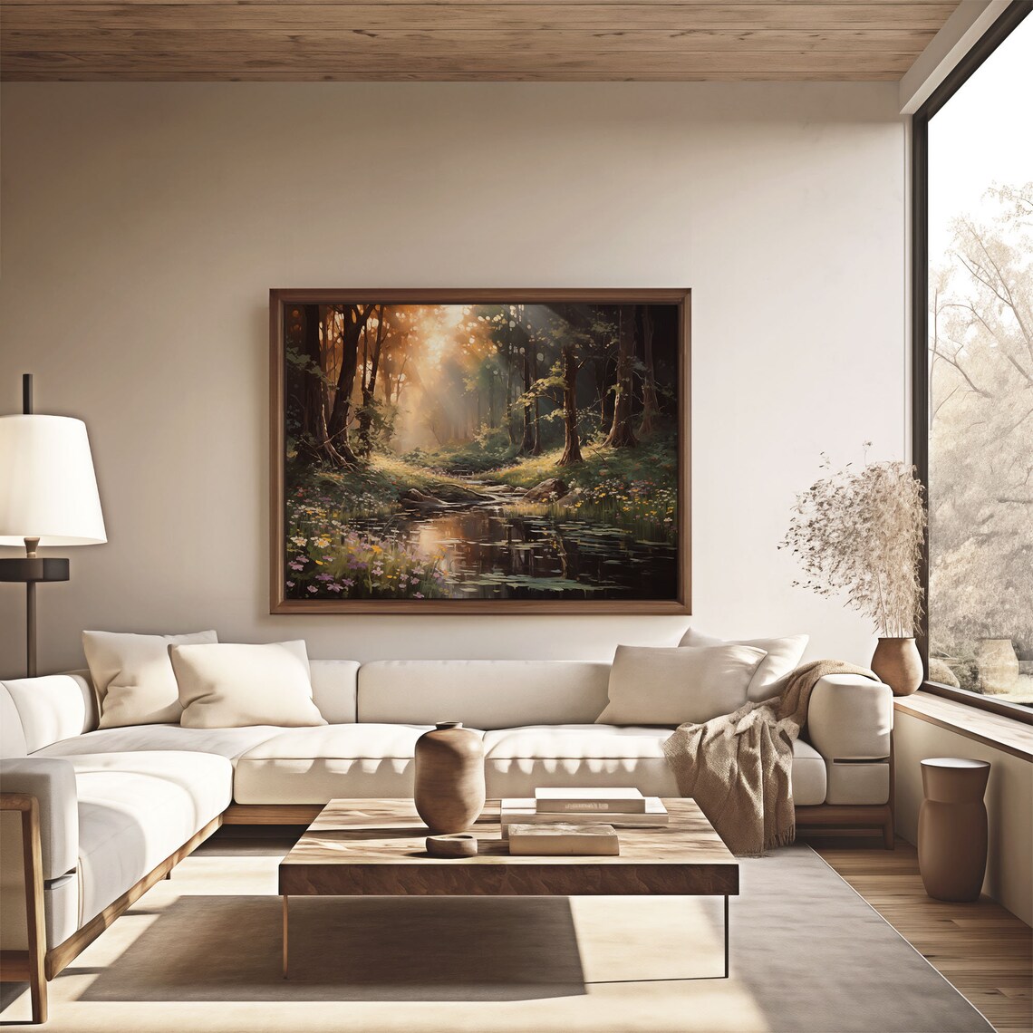 Sunrise Forest Pond Golden Sunbeams Wildflower Oil Painting Poster - Image 4