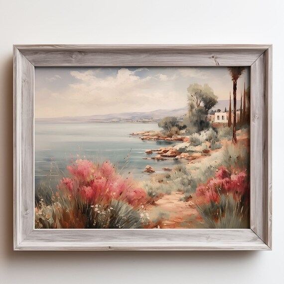 Tranquil Seaside Cove Pink Flowers Palm Rocky Shore Water Poster