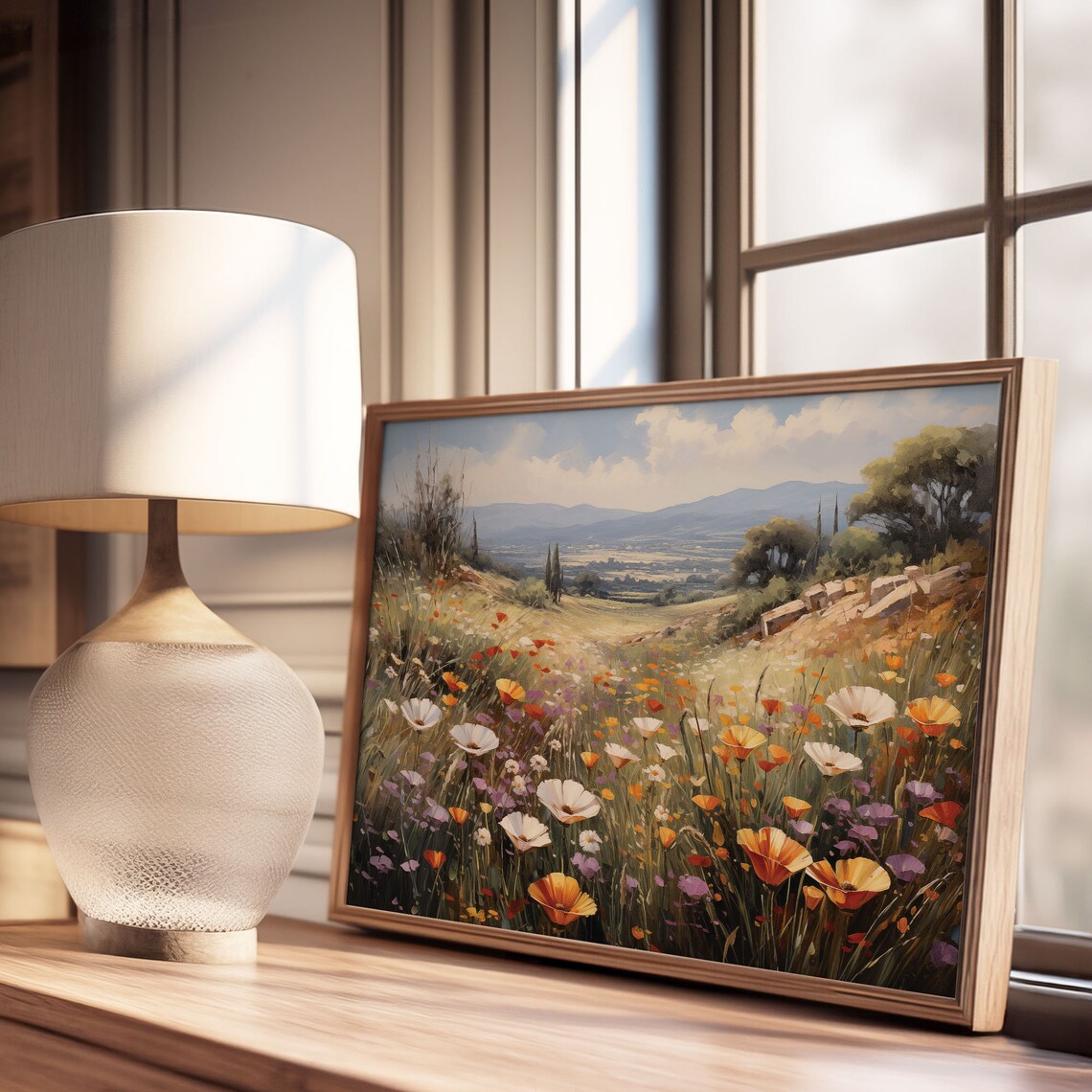Beautiful Nature Wildflower Painting Landscape Brushstroke Antique Oil Painting Vintage Sunset Painting Springtime Print - Image 3