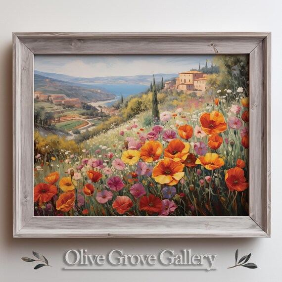 Vivid Colorful Wildflower Meadow Hillside Villas Coastline Poster