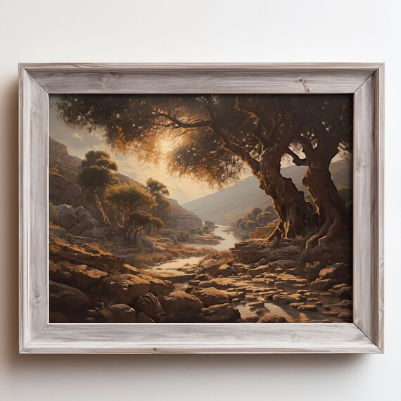 Sunset River Valley With Ancient Oak Trees Golden Landscape Print