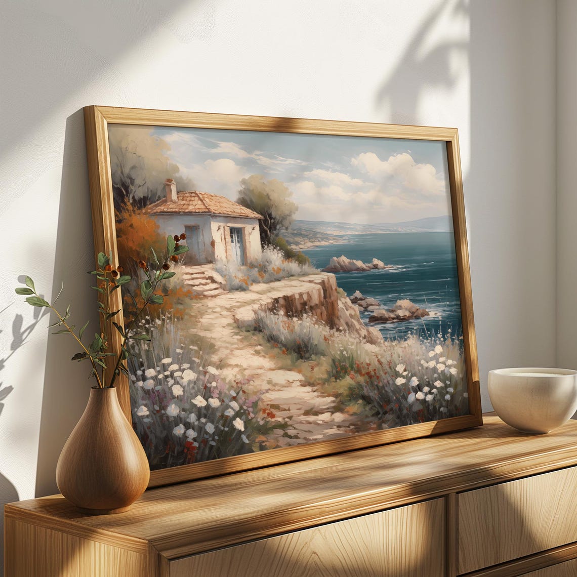Whitewashed Coastal Cottage Cliff Stone Path Sea Oil Painting Poster - Image 4