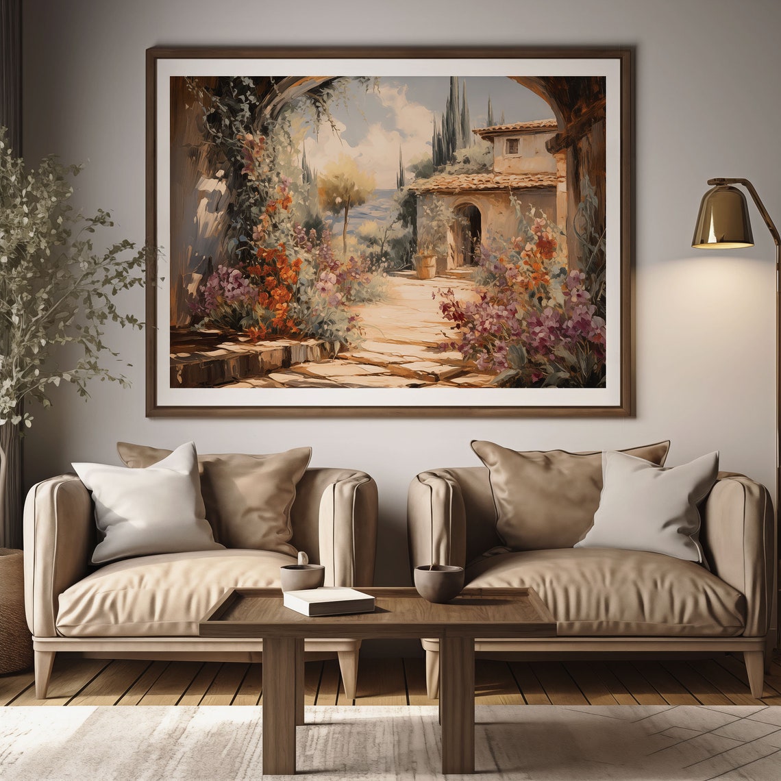 Mediterranean Villa Courtyard Stone Arch Cypress Oil Painting Poster - Image 2