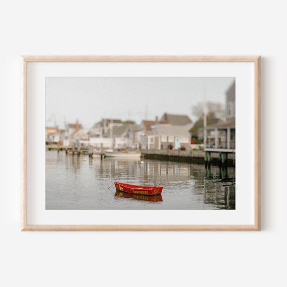 Nantucket Harbor Red Sailboat Coastal Art Print