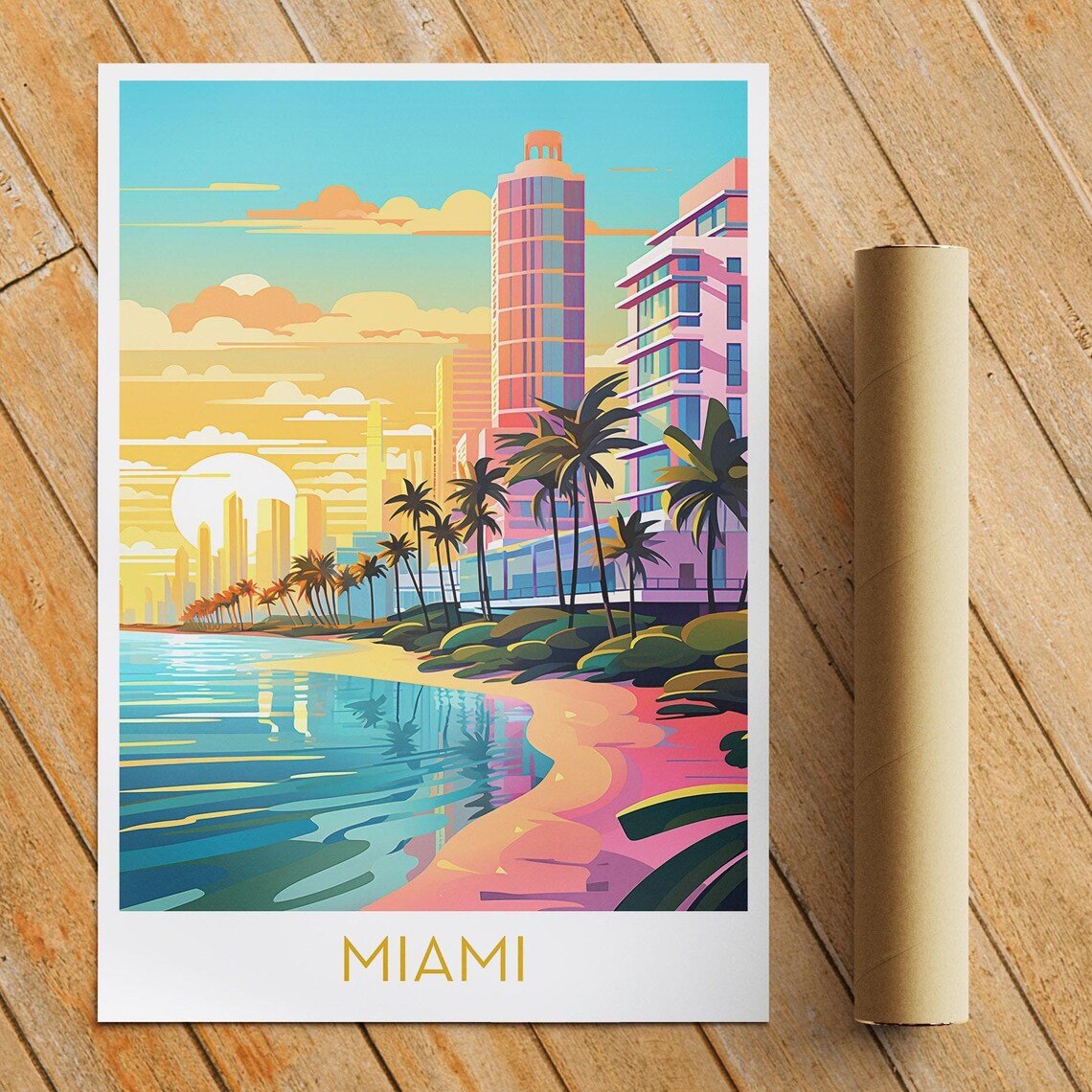 Miami Beach Sunset Art Deco Skyline Palm Trees Florida Travel Poster