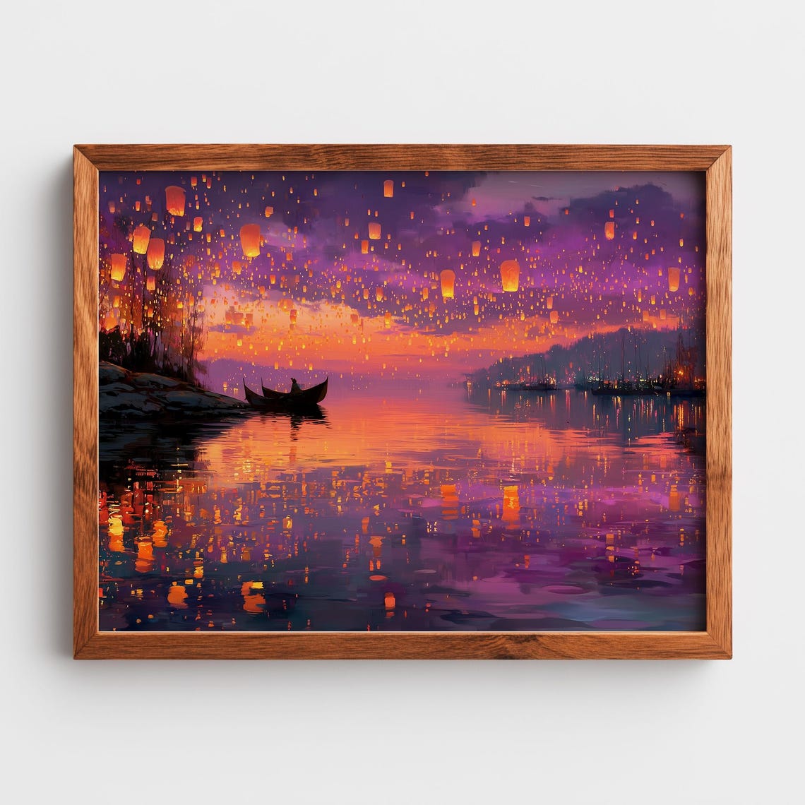 Sky Lantern Festival Over Water Sunset Reflection Art Poster