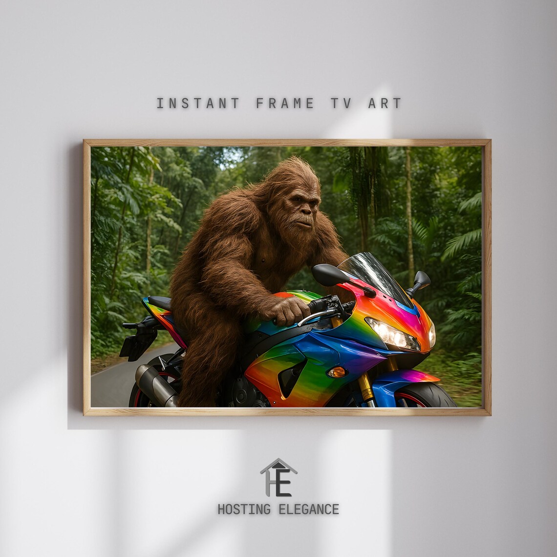 Bigfoot Riding Rainbow Sportbike Jungle Funny Cryptid Wall Art