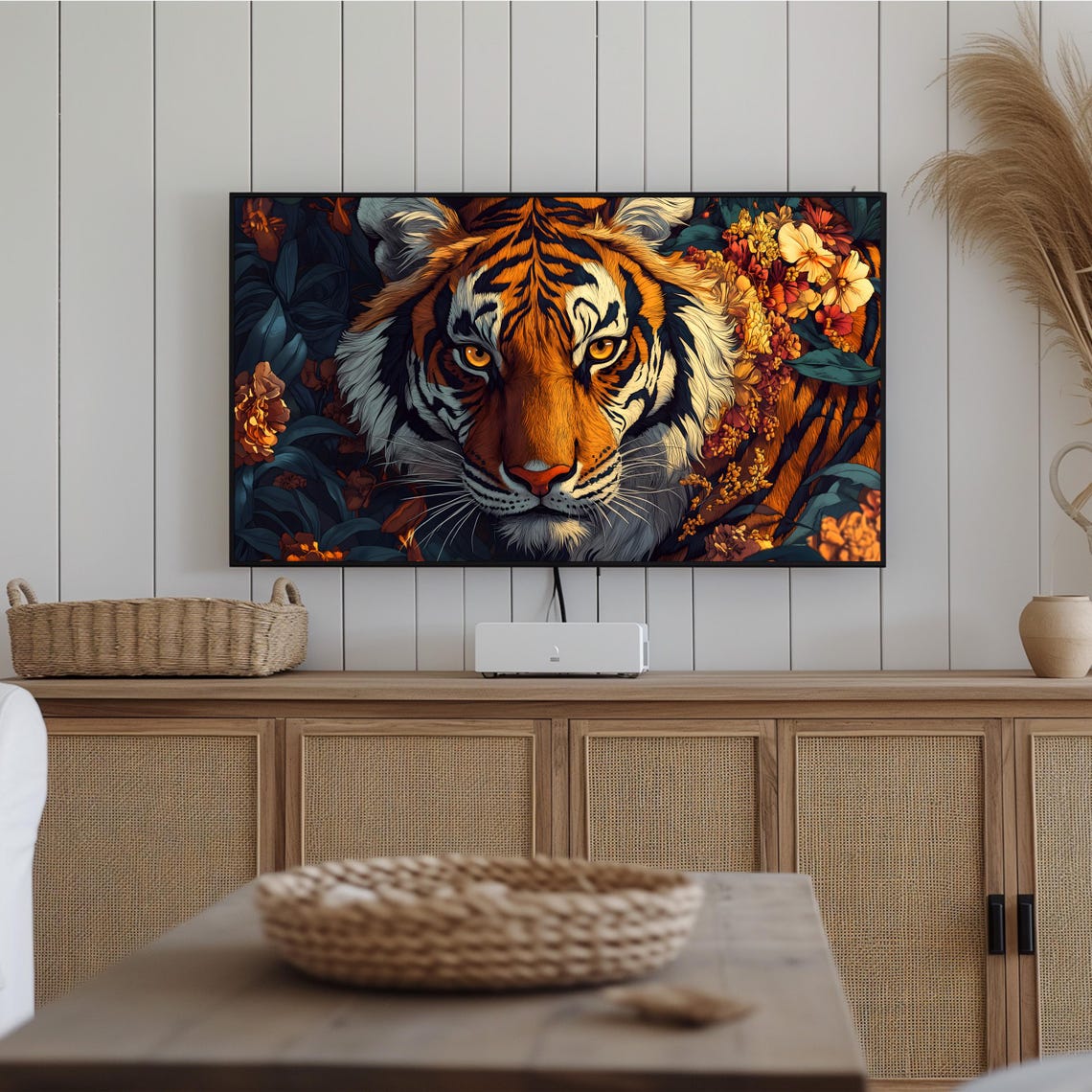 Majestic Tiger And Floral Tv Art Frame Tv Artwork Bold Tiger Portrait With Vibrant Flowers Wildlife Inspired Wall Decor - Image 2