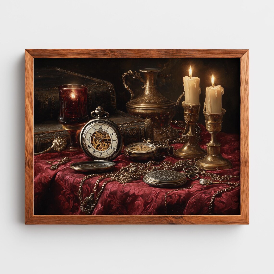 Antique Pocket Watch Candlelit Still Life Moody Oil Painting Poster