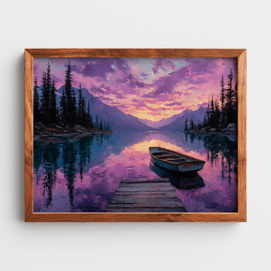 Purple Sunset Mountain Lake Rowboat Dock Oil Painting Poster