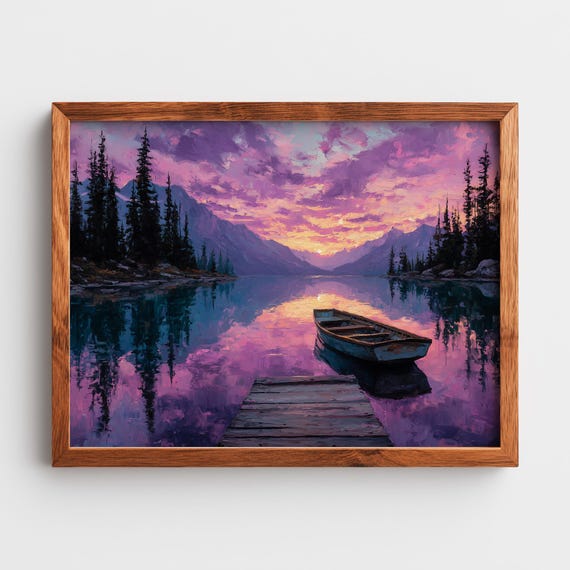 Serene Mountain Lake At Twilight Realistic Reflective Scene Vibrant Sky Tranquil Nature Art Landscape Decor 296