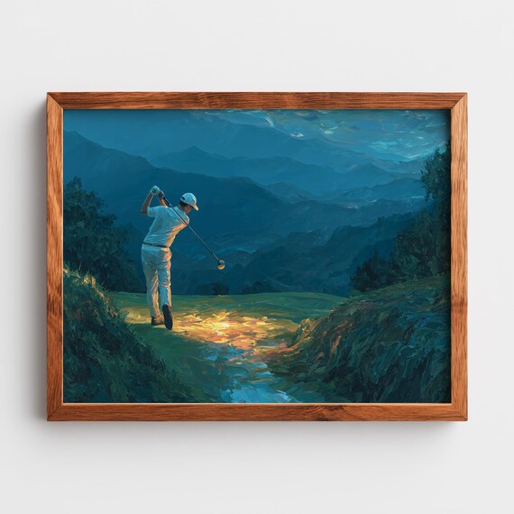 Twilight Golfer Swing Mountain Backdrop Dramatic Sports Art Poster