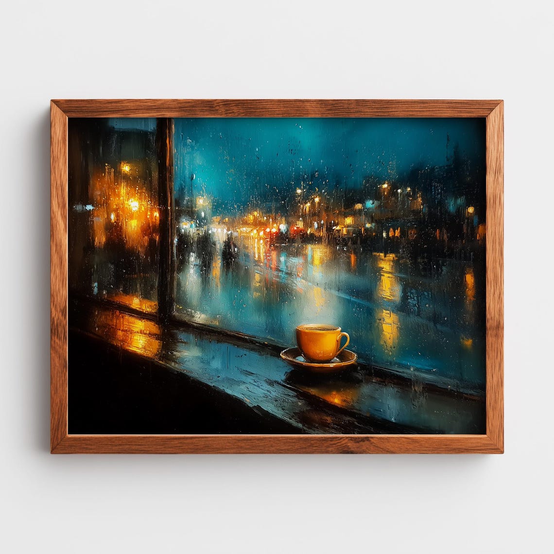 Rainy Night Cafe Window Poster Coffee Cup City Lights Moody Painting