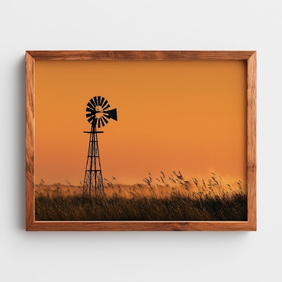 Rustic Windmill Silhouette Golden Orange Sunset Moody Farm Wall Art