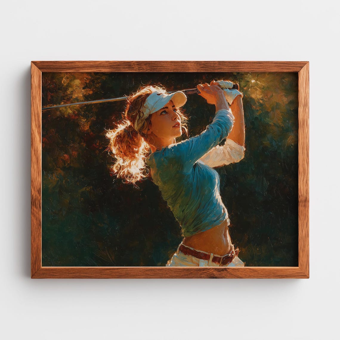 Female Golfer Mid Swing Oil Painting Sunlit Sports Action Wall Art