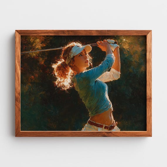 Female Golfer Finishing Swing Art Realistic Fine Print Dynamic Sports Scene Wall Decor Energetic Posture Painting 267