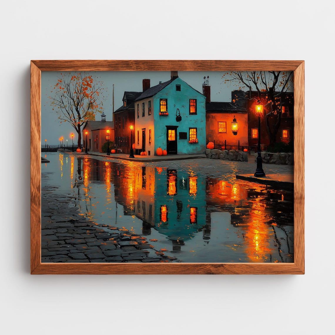 Rainy Cobblestone Street Poster Night Town Square Lantern Glow Art