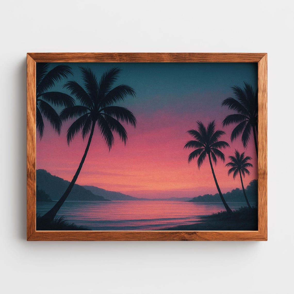 Tropical Palm Shore Pink Sunset Dusk Serene Beach Ocean Poster