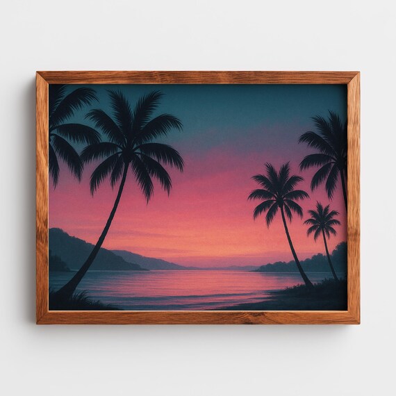 Tropical Palm Shore Pink Sunset Dusk Serene Beach Ocean Poster