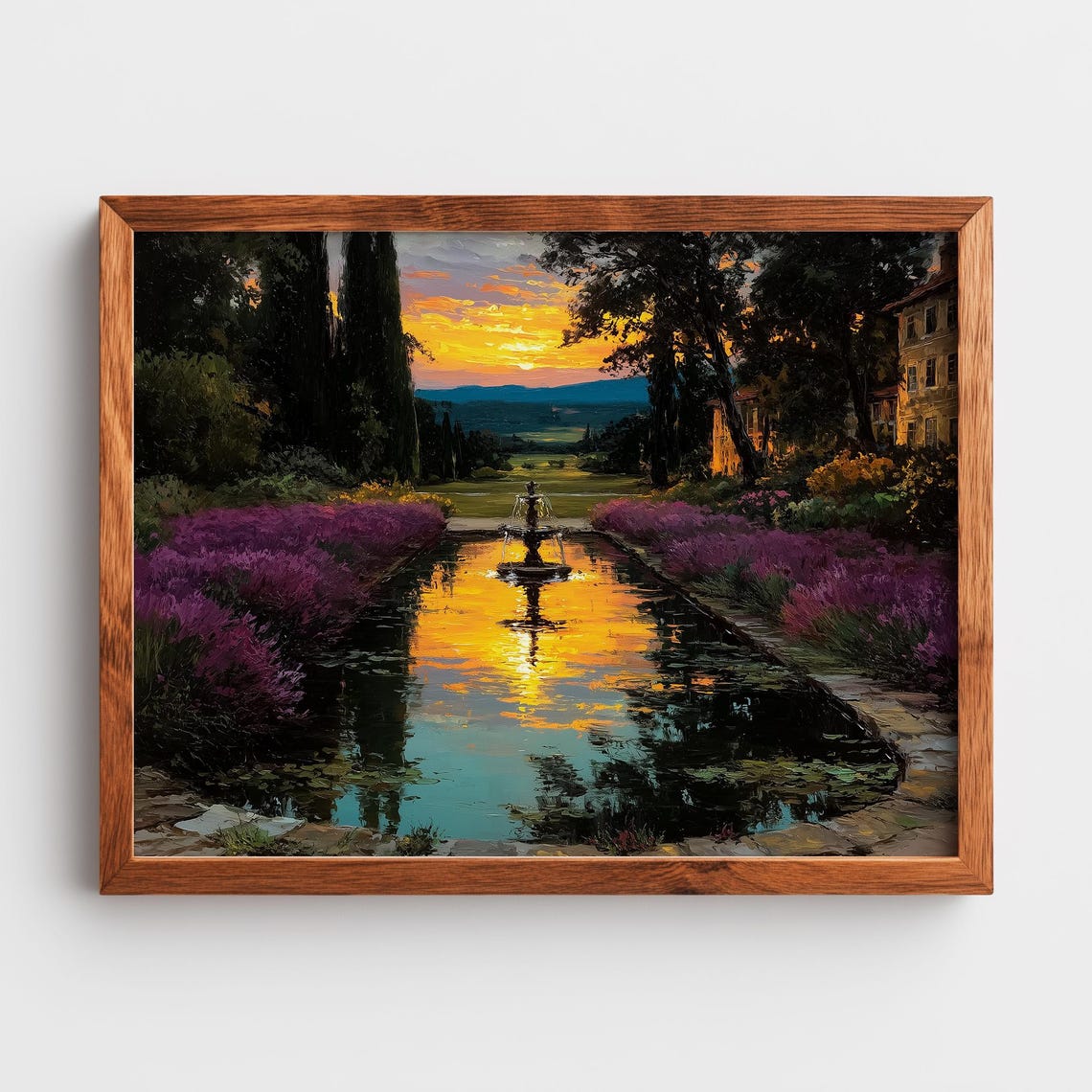 Sunset Chateau Garden Fountain Poster Lavender Reflecting Pool Oil Art