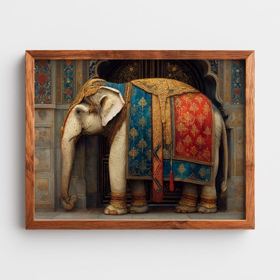 Regal Elephant Oil Painting Vintage Wall Art Intricate Gold Decor Exotic Animal Print Decorative Home 56