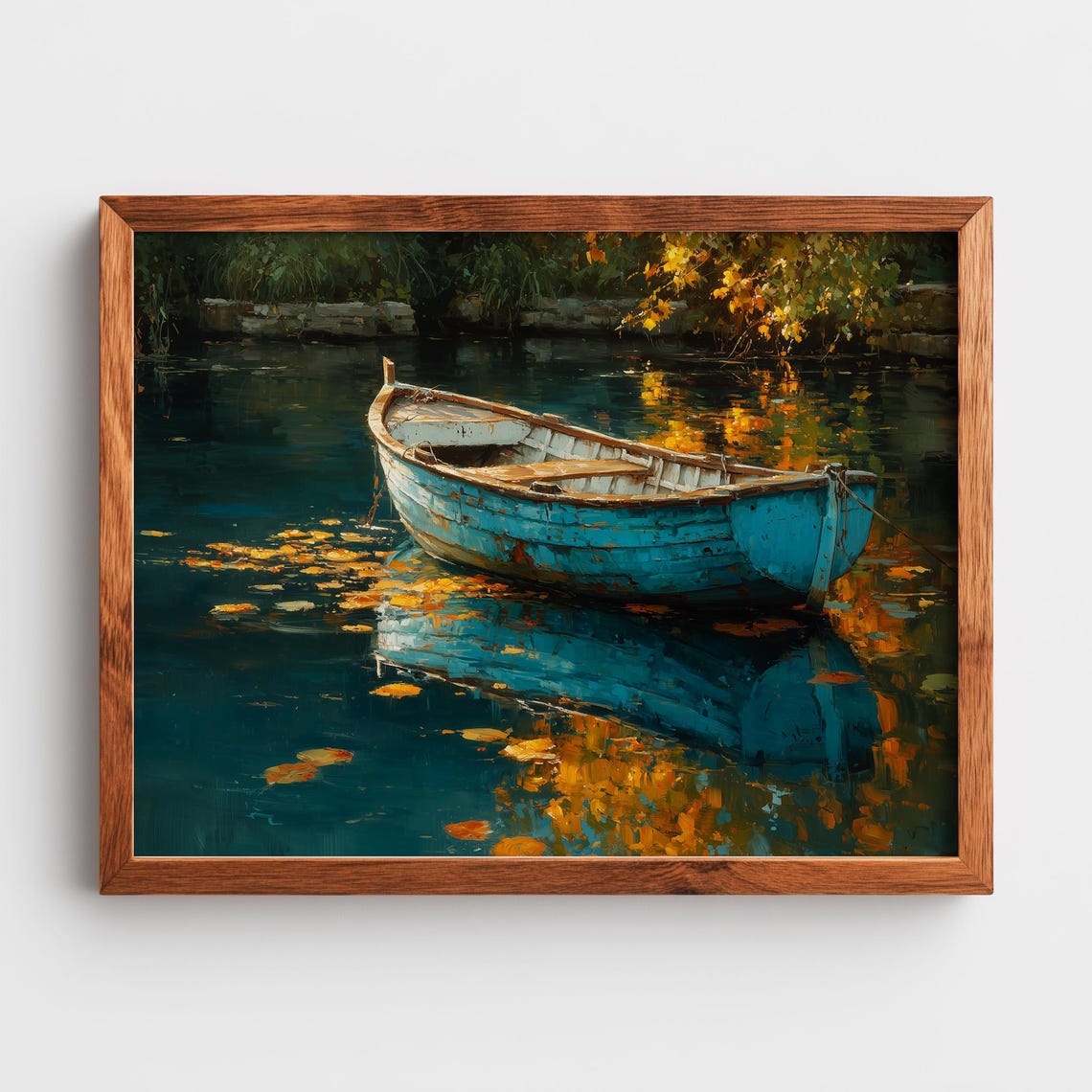 Blue Wooden Rowboat Still Autumn Lake Water Reflection Painting Poster