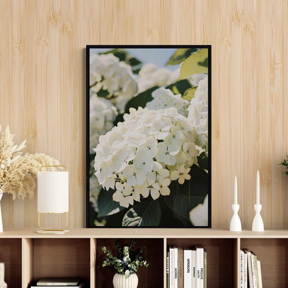 White Hydrangea Blooms Sunny Garden Botanical Photography Art Poster