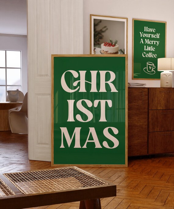 Christmas Cream Typography on Green Minimal Holiday Word Poster