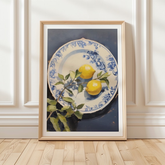 Lemons on Blue Floral Delft Plate Classic Kitchen Still Life Poster